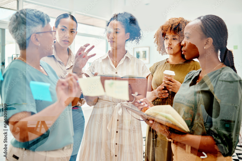 Creative women, meeting and planning schedule in team brainstorming, strategy or ideas at the office