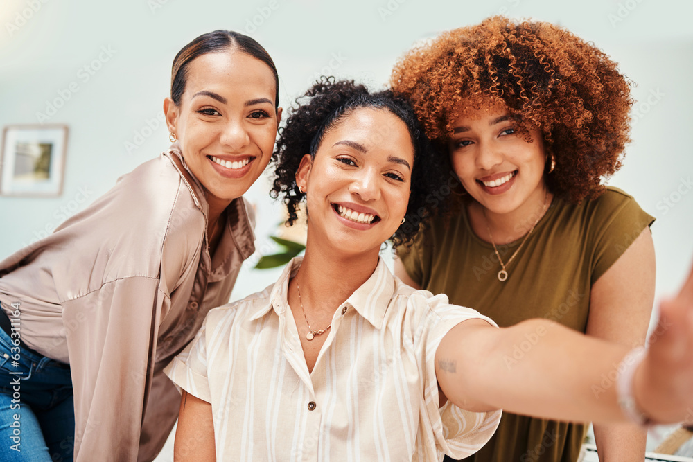 Selfie, fashion designer or portrait of women taking a photograph together for teamwork on break. Wo