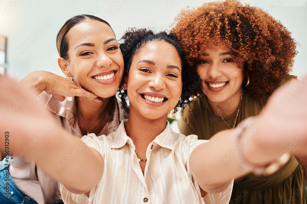 Selfie, office or portrait of women taking a photograph together for teamwork on workplace break. Fa