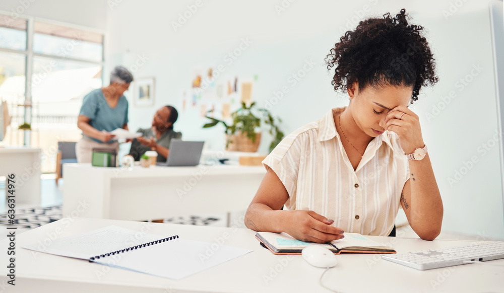 Anxiety, headache and a business woman writing in her notebook while working to a deadline in the of