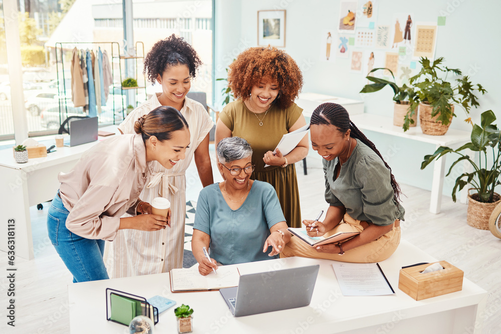 Happy, teamwork or women with laptop for fashion design, planning or draft online for clothing line.