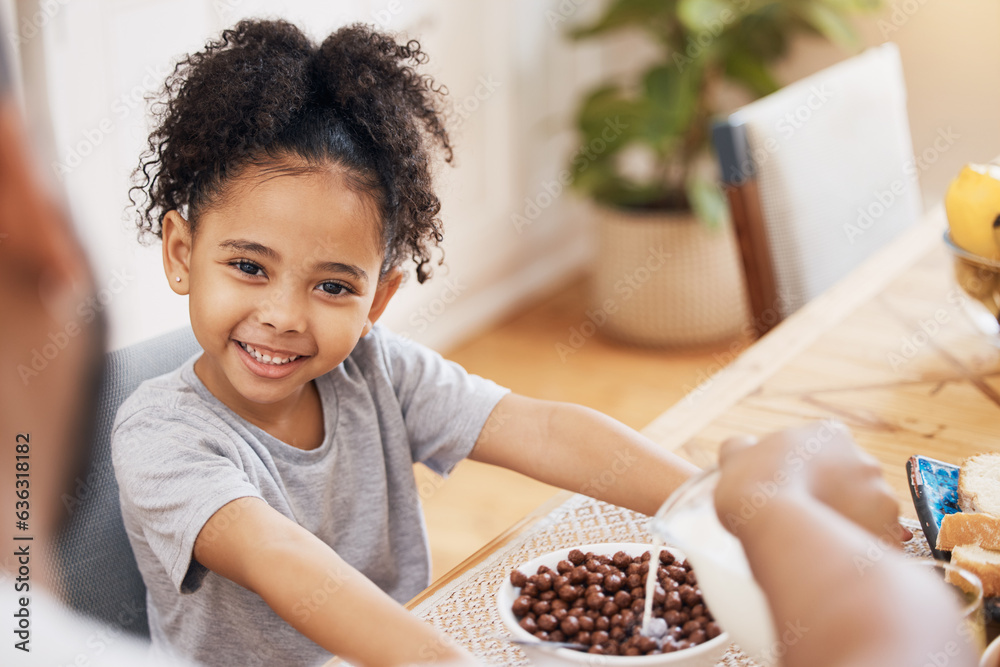 Portrait, breakfast cereal and happy family kid smile for morning food, wellness and parent pour mil