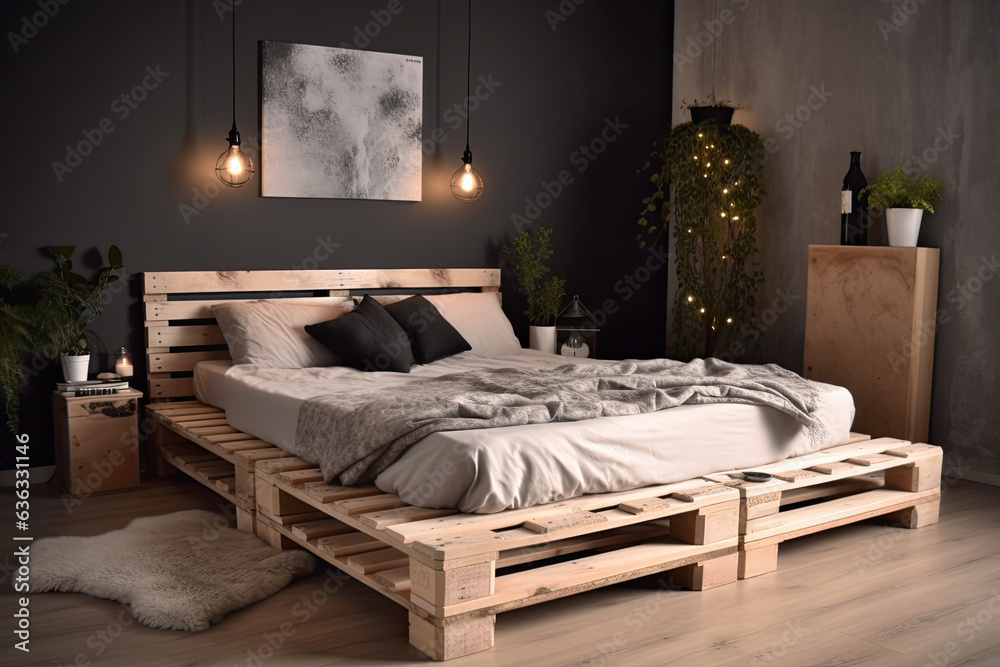 Fashionable furniture from wooden pallets, a bed in the interior.