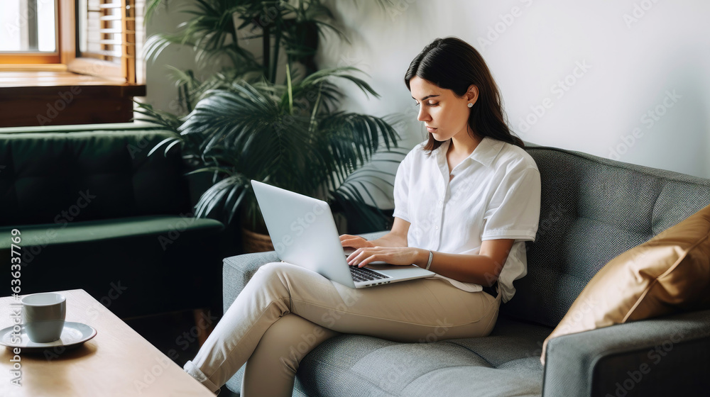 Caucasian woman working from home using laptop computer