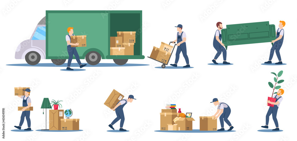 Moving service. Delivery service workers loading boxes and sofa into truck, residential move logisti