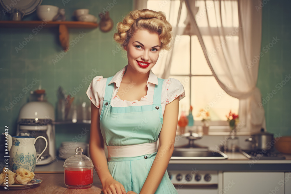 Portrait of an attractive housewife at the kitchen. 50s retro life style