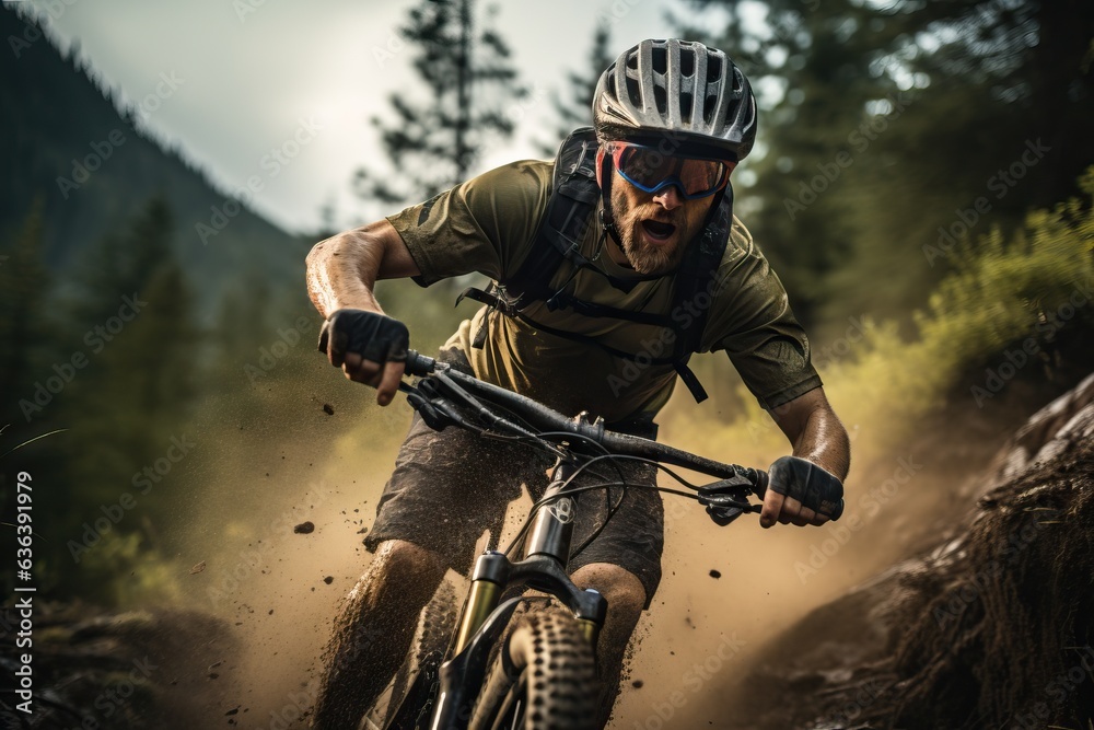 A dynamic snapshot of a cyclist navigating through a scenic mountain trail