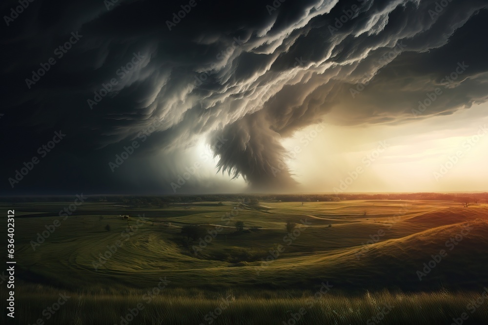 a large tornado swirling across the grassy plains