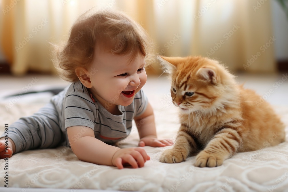 Small child plays with a cat