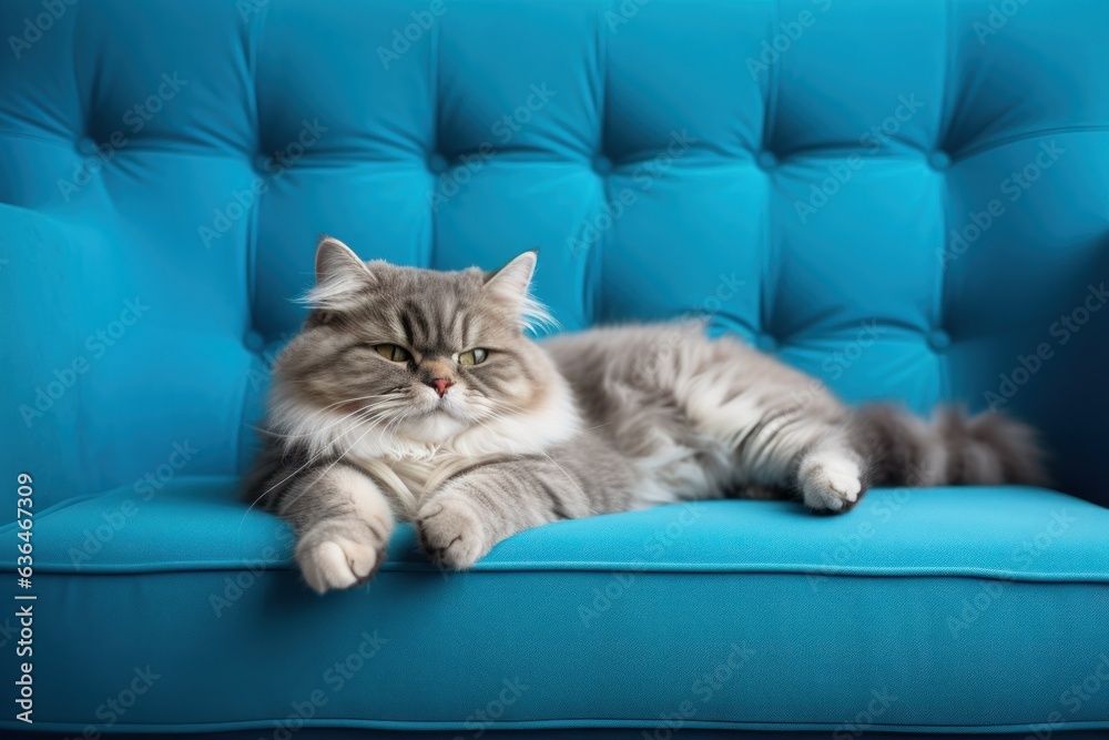 A fat cat lies on a blue sofa.