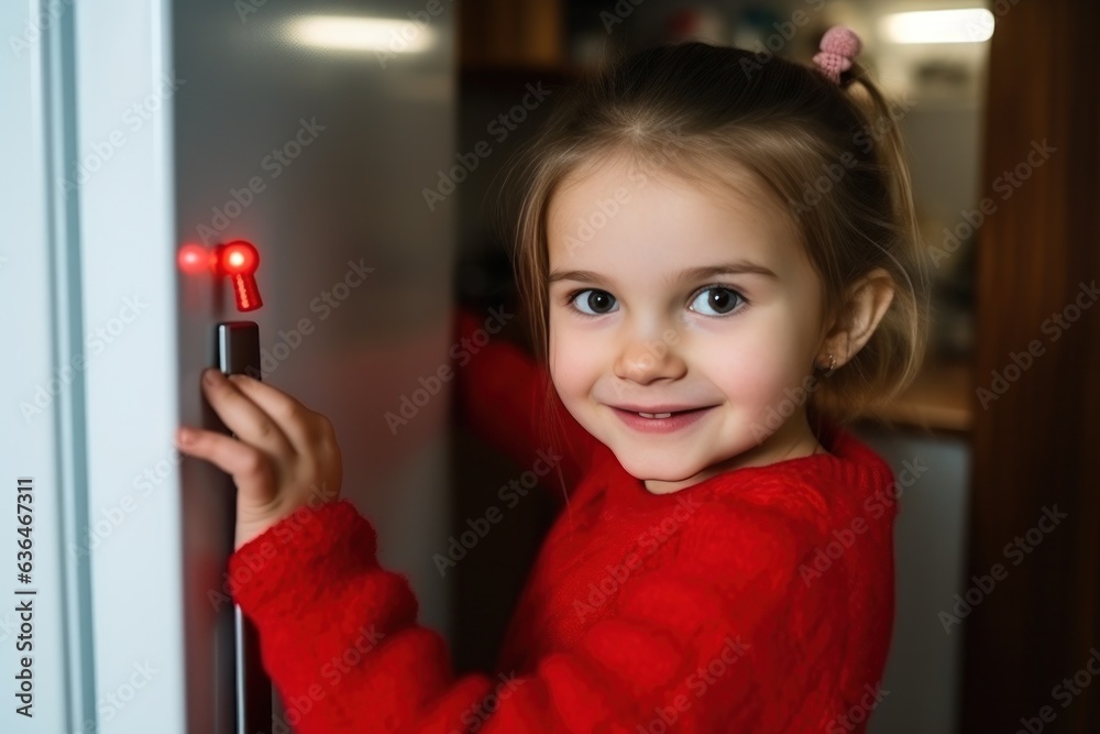 A girl in a red dress with sticks a magnet to the refrigerator.