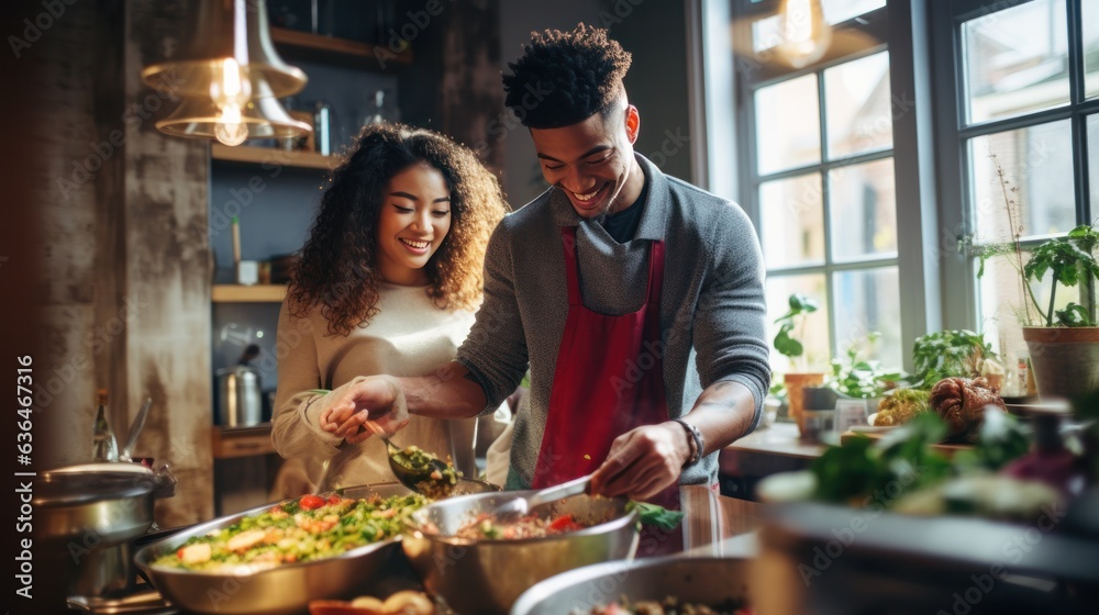 Black man and chinese woman cooking breakfast together.