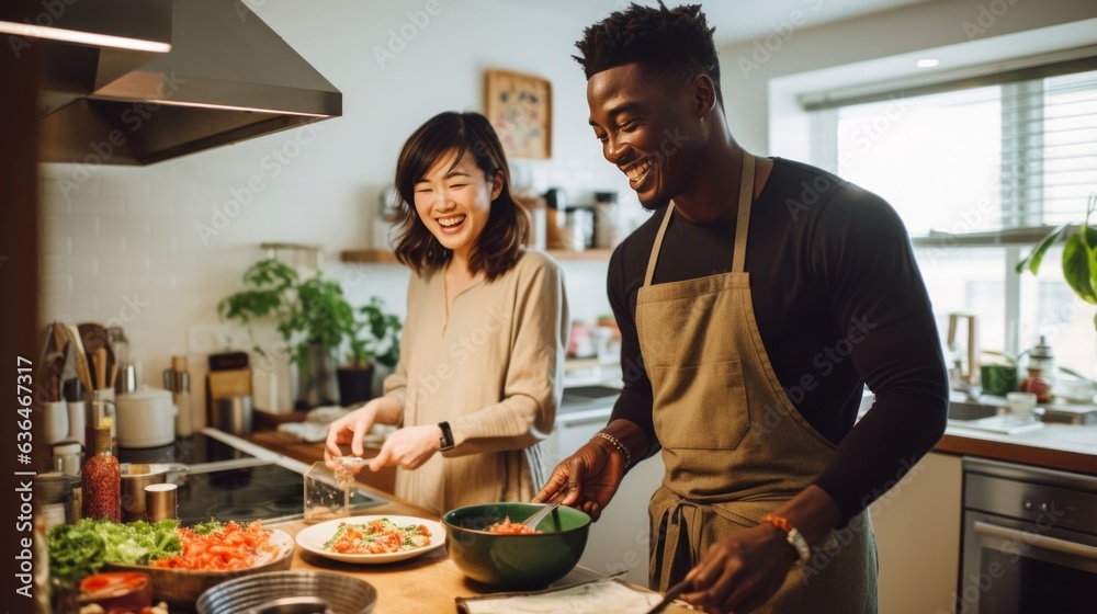 Black man and chinese woman cooking breakfast together.