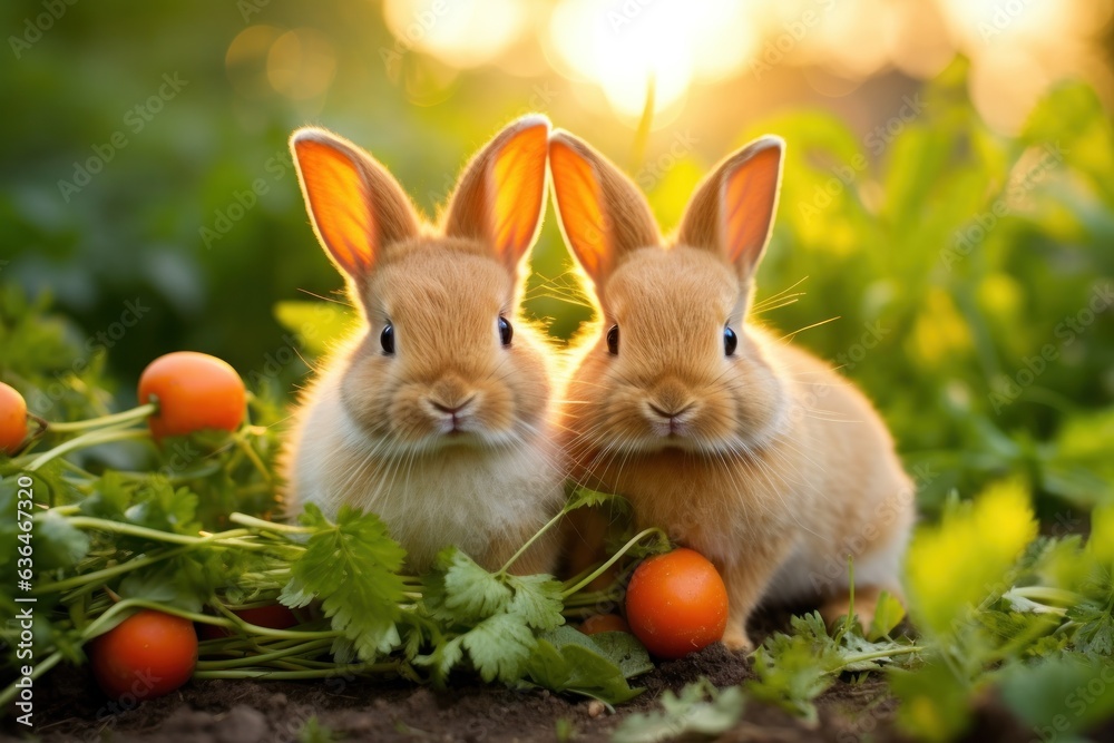 Two rabbits nibble on two carrots in the garden.