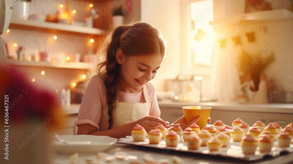 A beautiful girl of 10 years old bakes cupcakes with her mother in a kitchen.