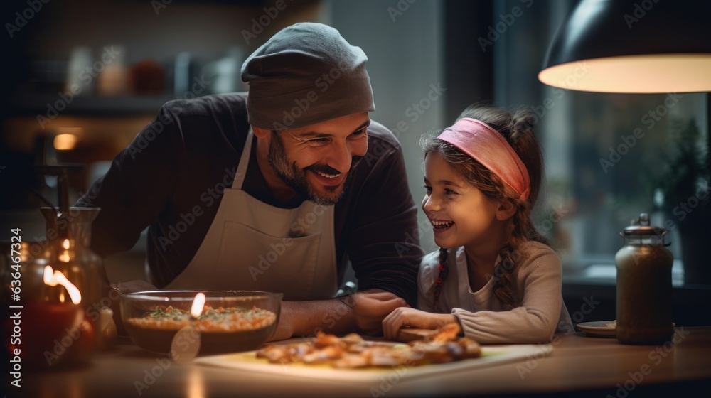 Dad with a girl of 10 years cooking breakfast together