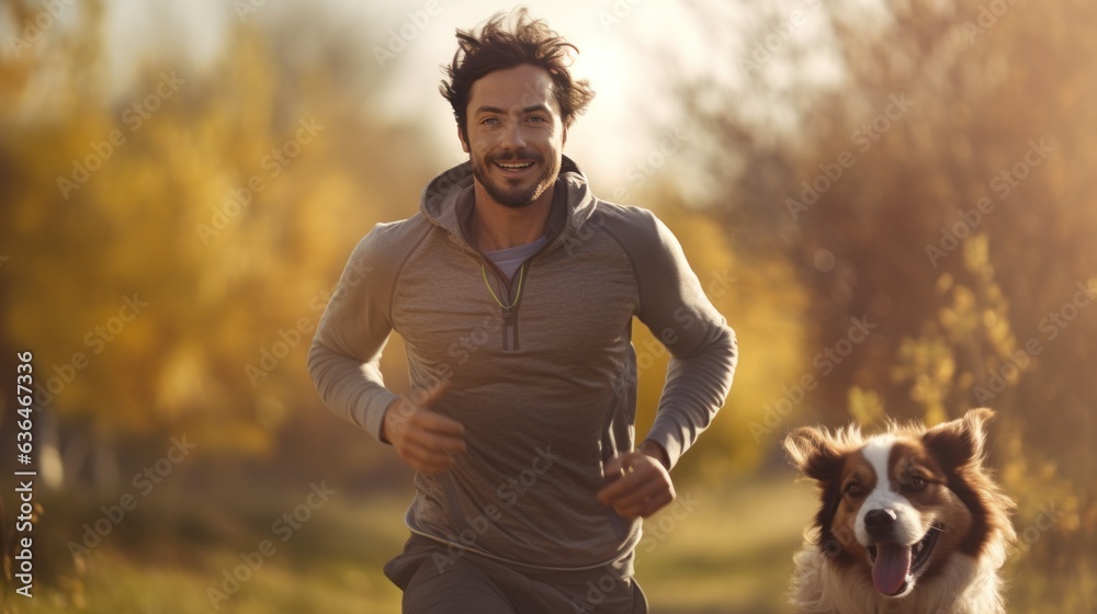 A man jogging with his dog