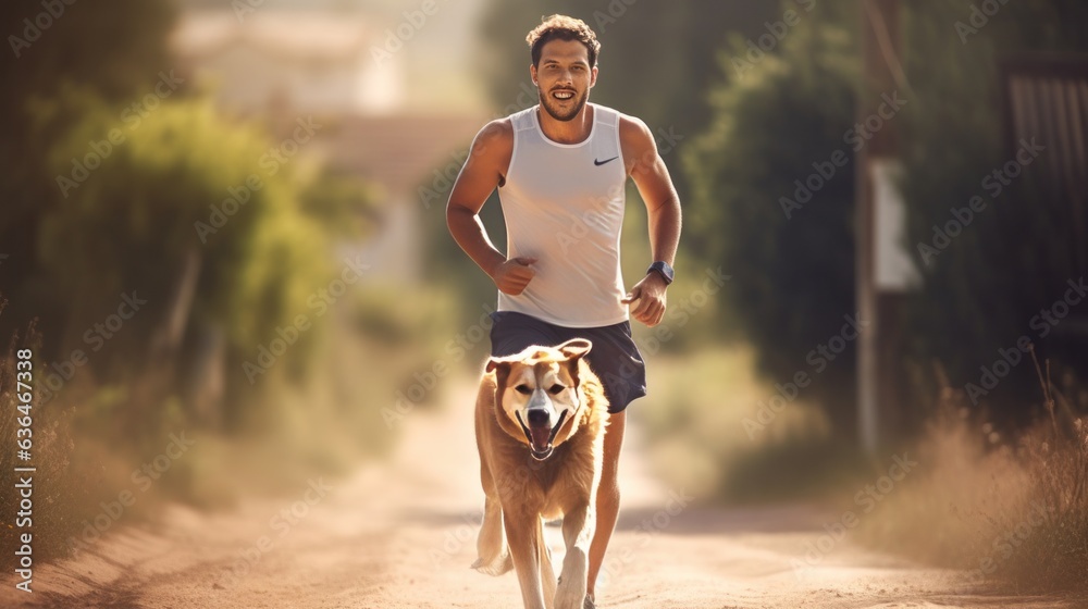 A man jogging with his dog