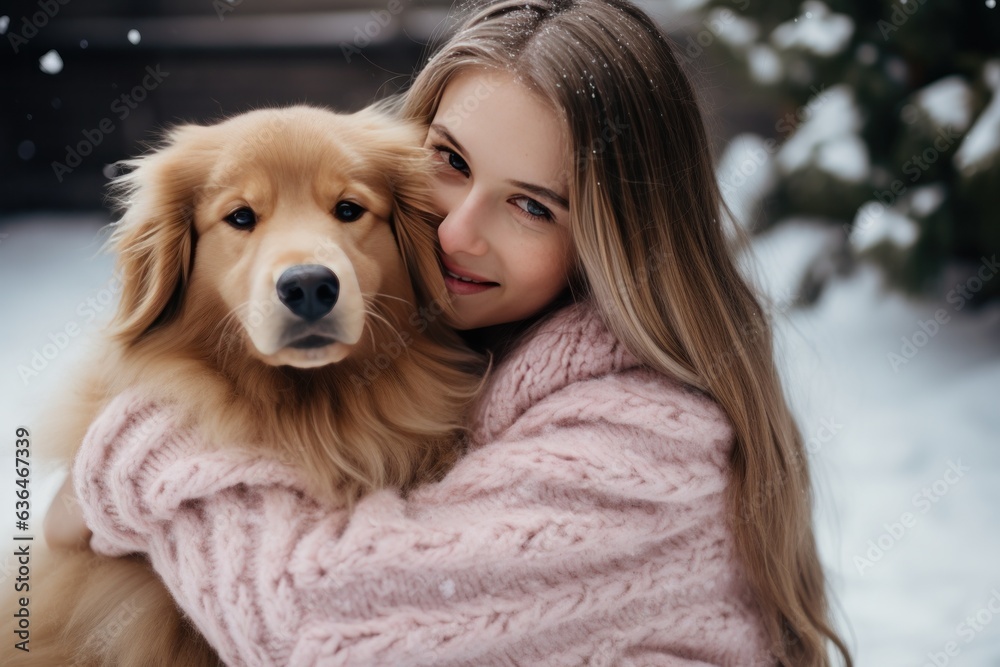 A dog sits in the arms of a girl in a soft pink sweater.