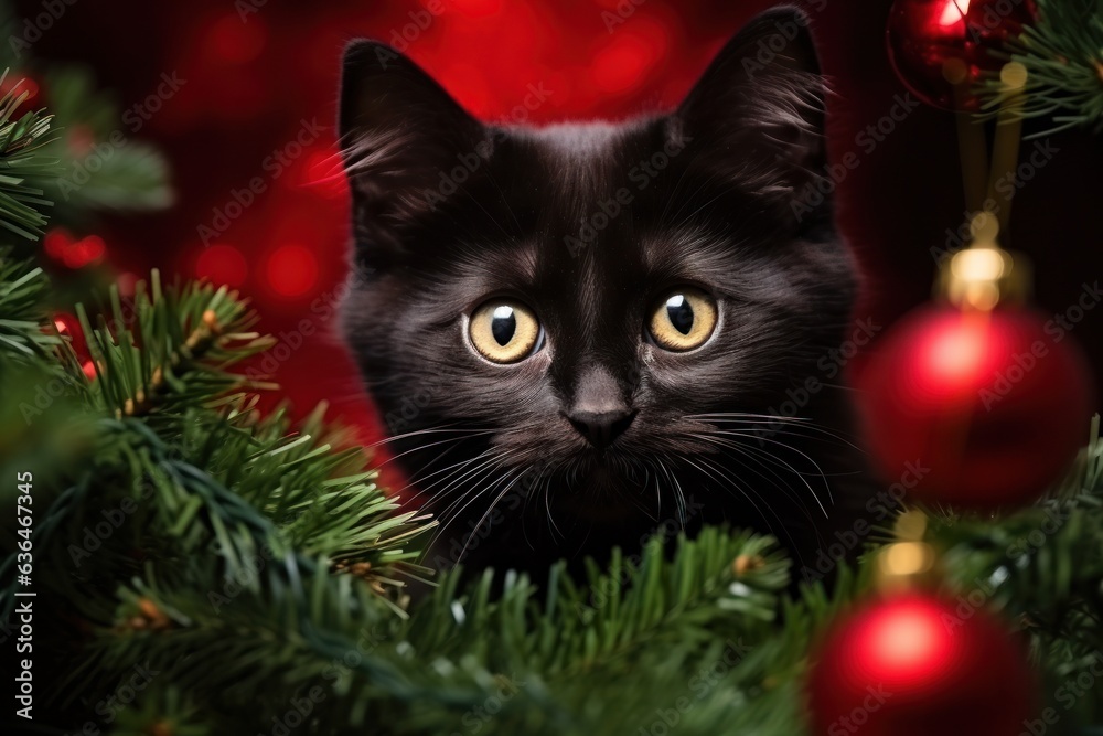 Cat in red sweater under the Christmas tree