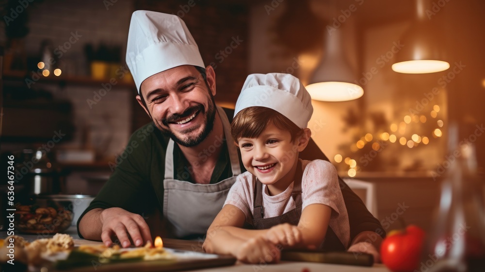 Dad with a son of 10 years cooking breakfast together