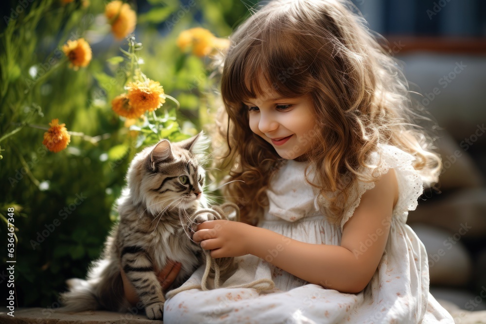 Girl playing with a cat with a ribbon in the garden