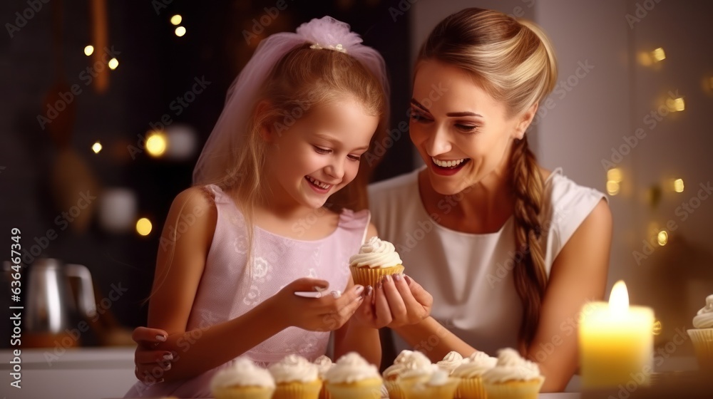 A beautiful girl of 10 years old bakes cupcakes with her mother in a kitchen.