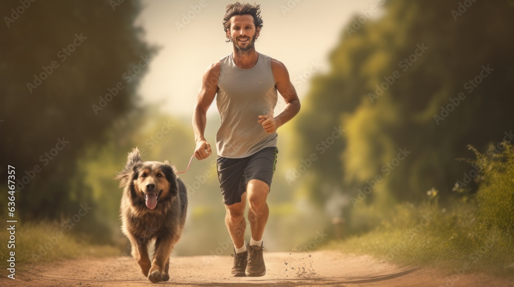 A man jogging with his dog