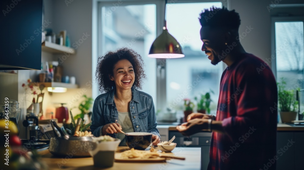 Black man and chinese woman cooking breakfast together.