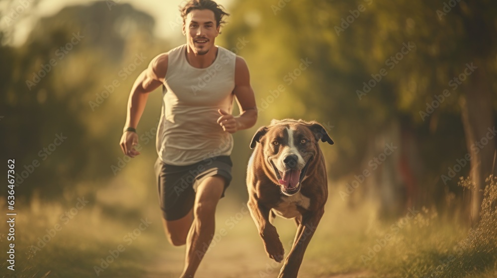 A man jogging with his dog