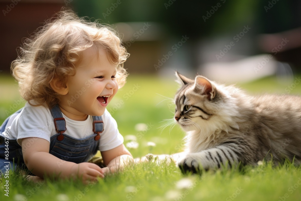 Small child plays with a cat