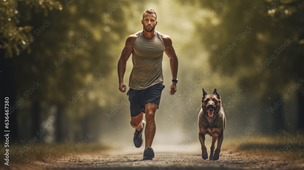 A man jogging with his dog