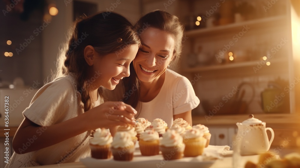 A beautiful girl of 10 years old bakes cupcakes with her mother in a kitchen.