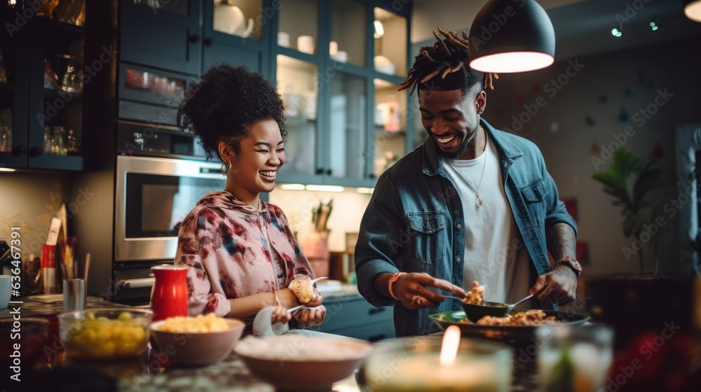 Black man and chinese woman cooking breakfast together.