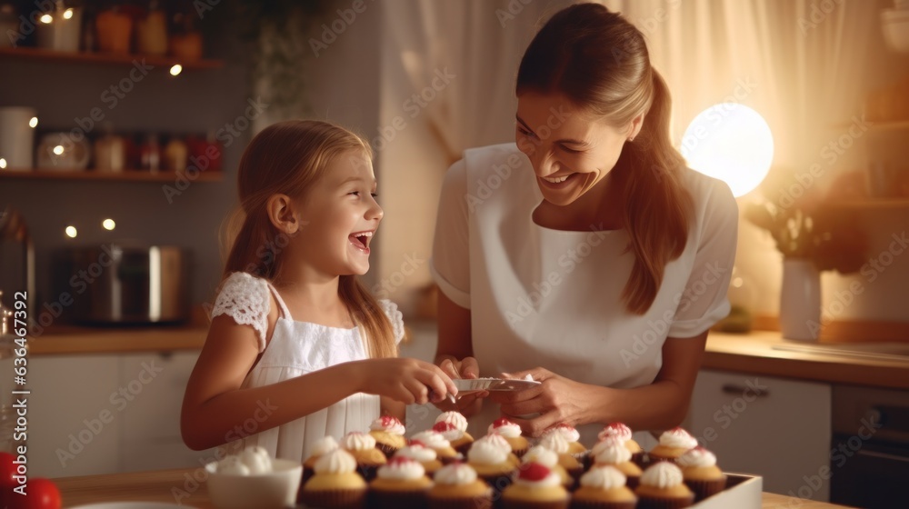 A beautiful girl of 10 years old bakes cupcakes with her mother in a kitchen.