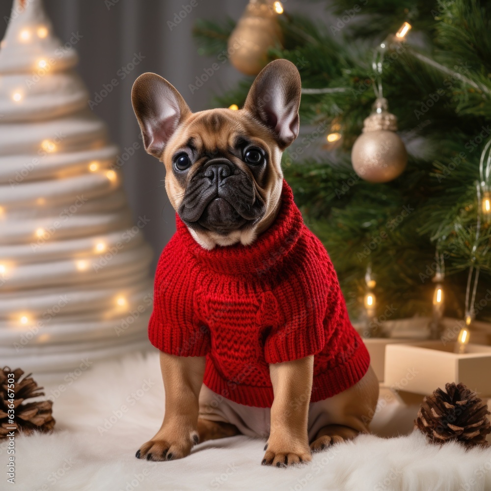 A dog in a red sweater sits under the Christmas tree