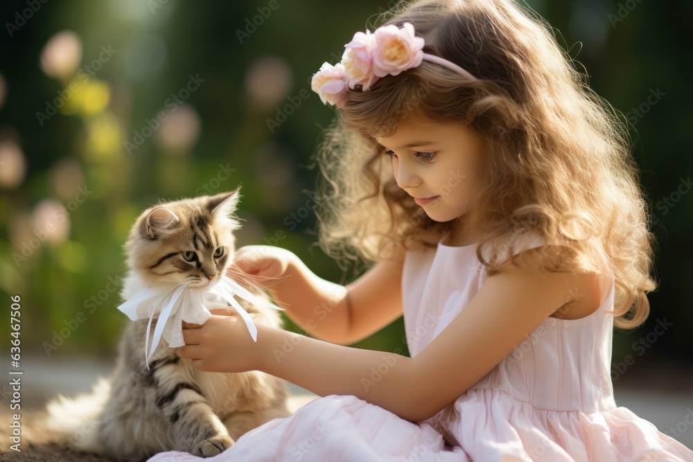 Girl playing with a cat with a ribbon in the garden