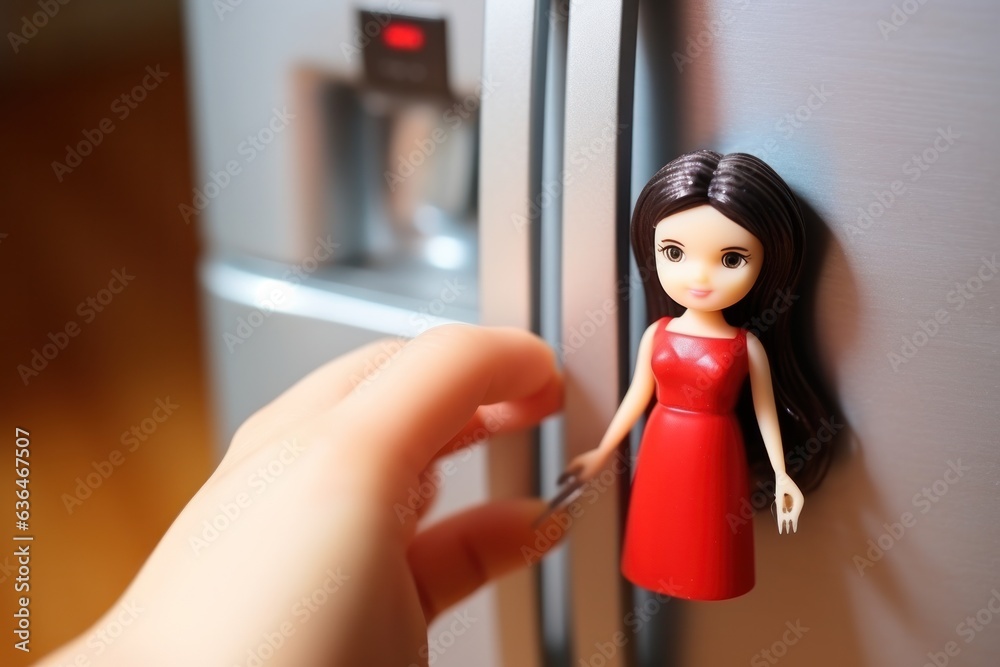 A girl in a red dress with sticks a magnet to the refrigerator.