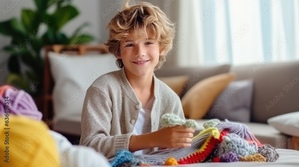 A beautiful girl of 10 years old is learning to knit.