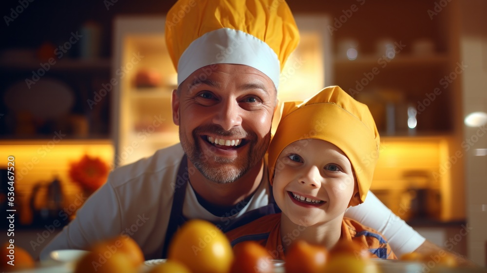 Dad with a son of 10 years cooking breakfast together