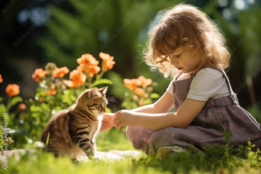 Girl playing with a cat with a ribbon in the garden