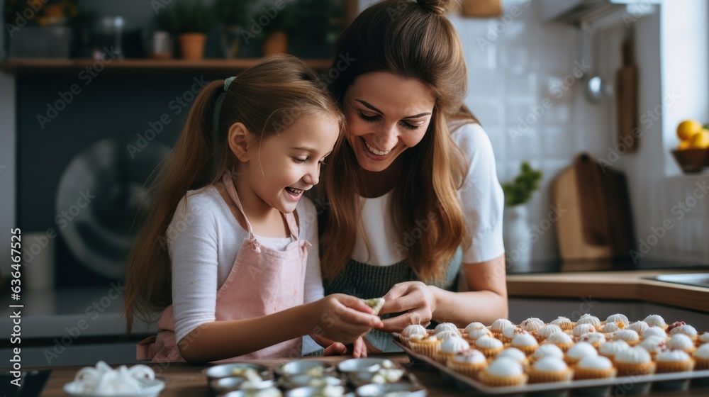 A beautiful girl of 10 years old bakes cupcakes with her mother in a kitchen.