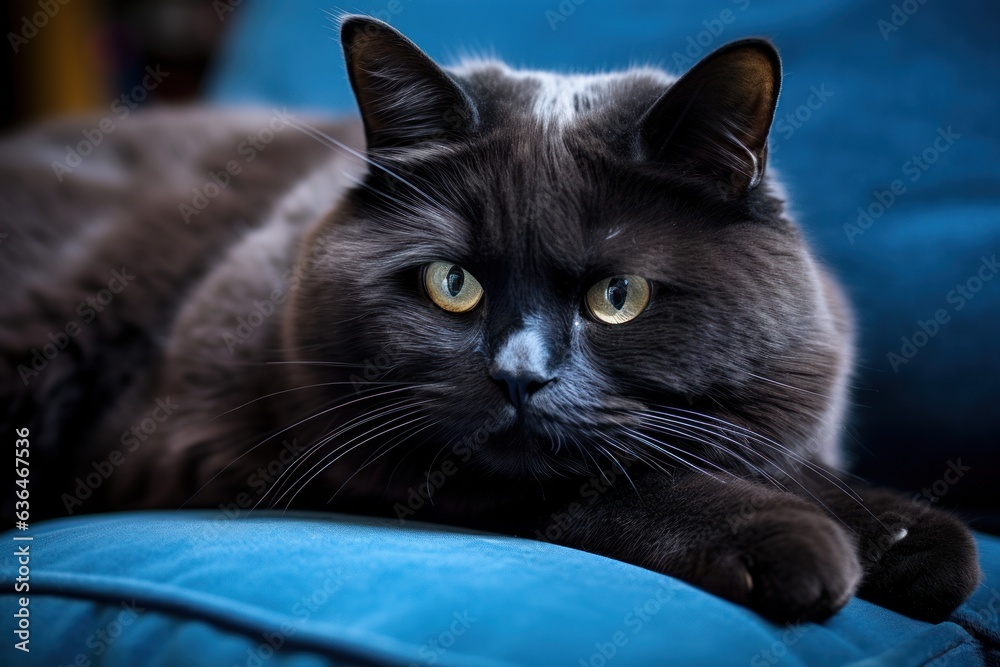 A fat cat lies on a blue sofa.