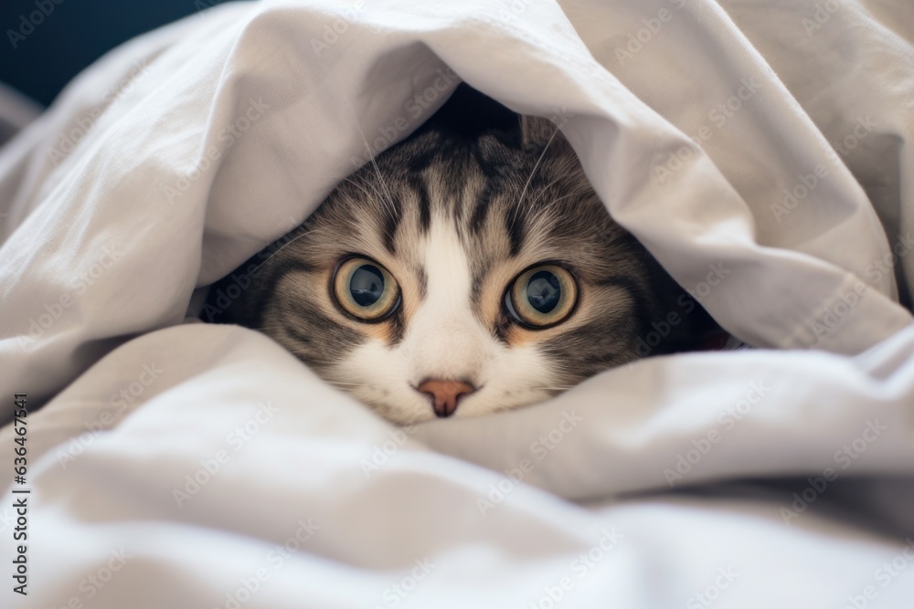 Cat in bed under the blanket