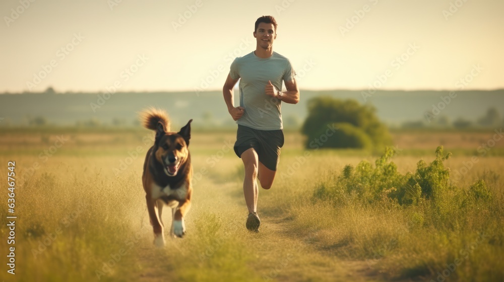 A man jogging with his dog