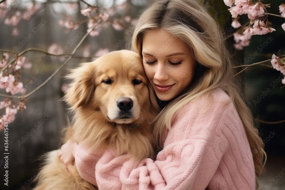 A dog sits in the arms of a girl in a soft pink sweater.