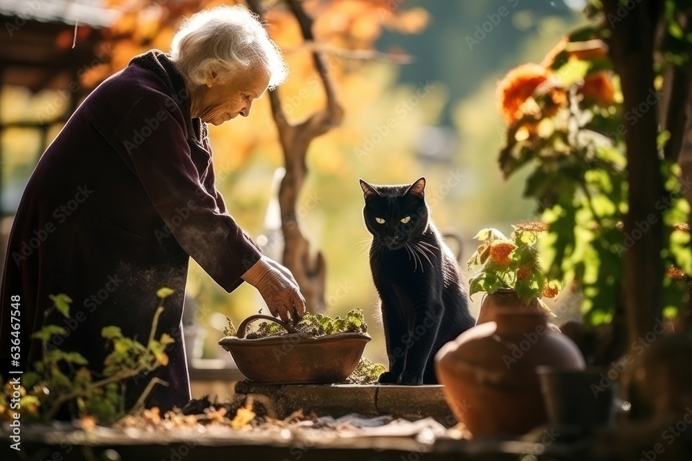 Old woman with cat in garden