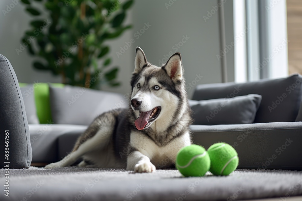 A dog is playing with a green ball in a living room