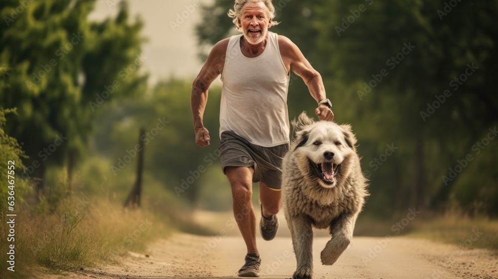 A man jogging with his dog