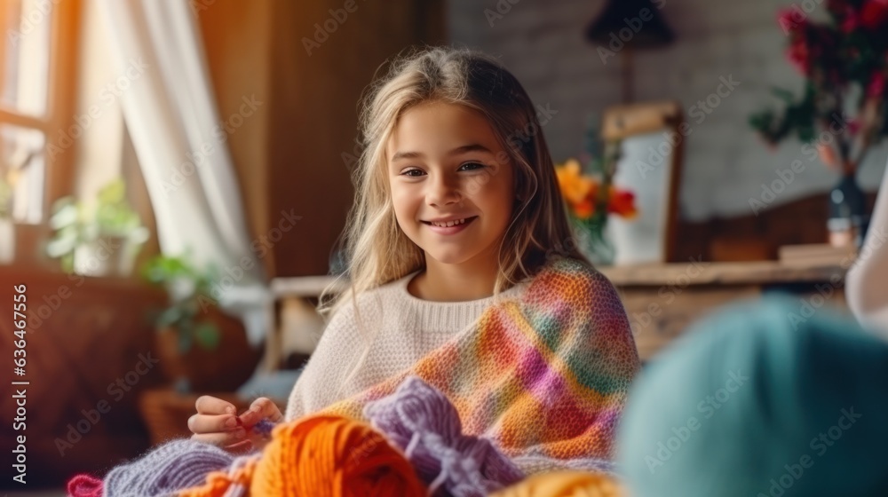 A beautiful girl of 10 years old is learning to knit.